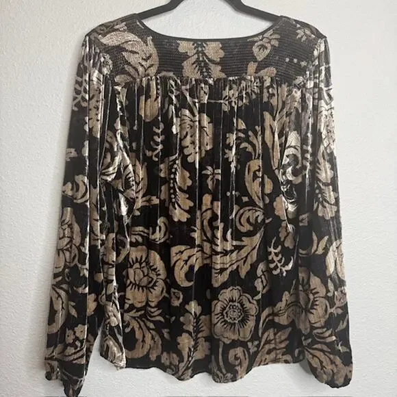 Anthropologie Faustine Velvet Floral Peasant Blouse L Boho Smocked Top - Picture 9 of 14